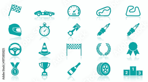 Car Racing and Motorsport Icons Set with Reflections, Vector Illustration