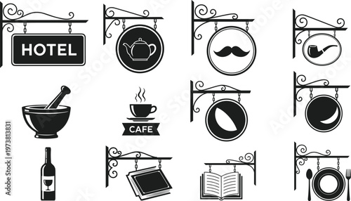Vintage hanging signs, ornate brackets, hotel sign, cafe symbol, coffee bean, wine bottle, book sign, restaurant plate, pharmacy mortar, teapot illustration