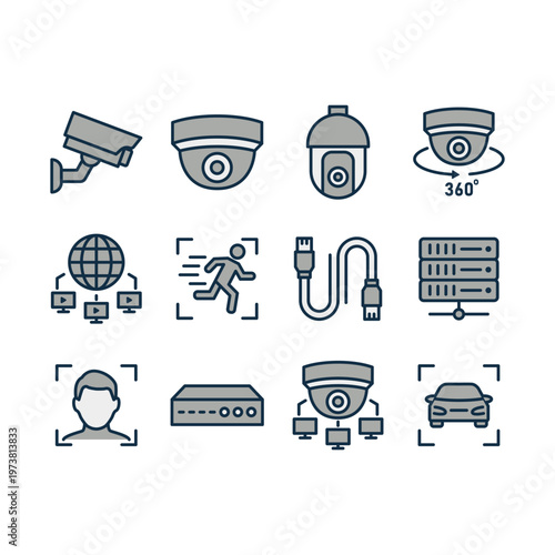 A modern collection of outline vector icons representing security, video surveillance, and CCTV systems. Designed in a professional grey and dark blue color palette