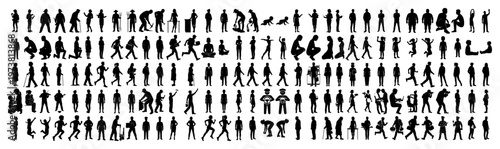 People silhouettes mega set featuring diverse characters in various activities and professions in black flat style