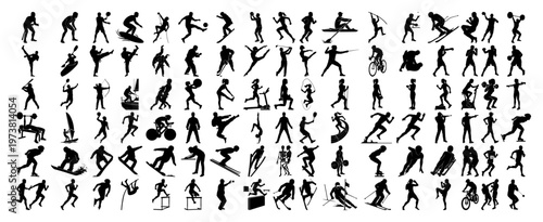 Sport silhouettes mega set with people practicing various athletic activities and Olympic disciplines in flat black style