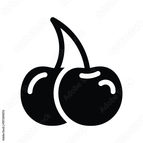 Two cherries with stems depicted in a minimalist black and white illustration