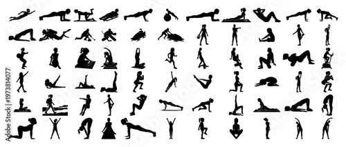 Women silhouettes performing yoga poses fitness exercises and healthy lifestyle activities in vector style