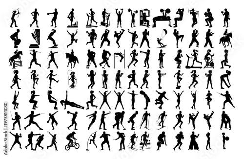 People silhouettes participating in various sports outdoor activities and gym training in vector style