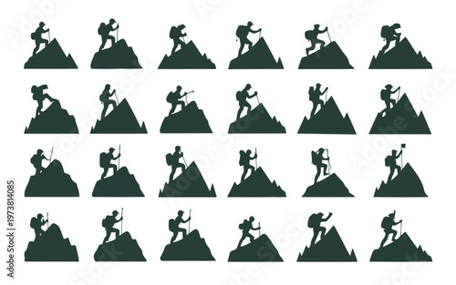 Mountaineers ascending a challenging peak with various techniques and equipment Vector