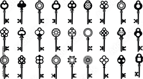 Vintage keys illustration, antique silhouette designs, ornate decorative patterns, heart clover motifs, mystery symbolism, unlocking secrets, black white vector artwork