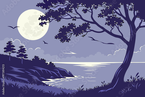 winter landscape with moon and tree