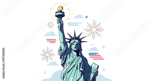 statue of liberty holding torch with fireworks and confetti celebrating independence day on light background