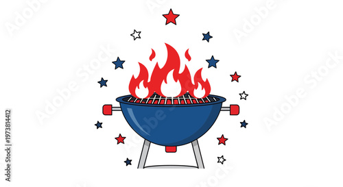 Flat design barbecue grill with flames and stars on white background for summer celebration