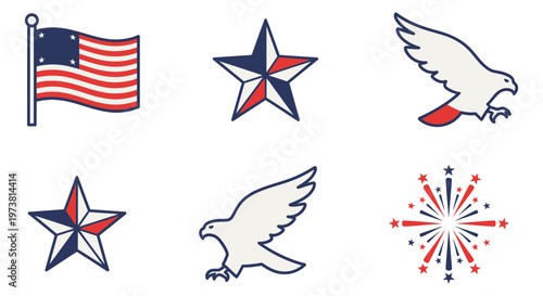 set of six patriotic and military themed flat vector icons of flags andeagles isolated on white background