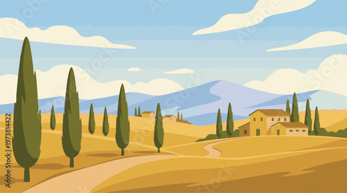 Stylized Tuscan landscape illustration with cypress trees, rolling hills, and houses