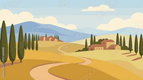 Serene Tuscan landscape illustration with rolling hills, cypress trees and villas