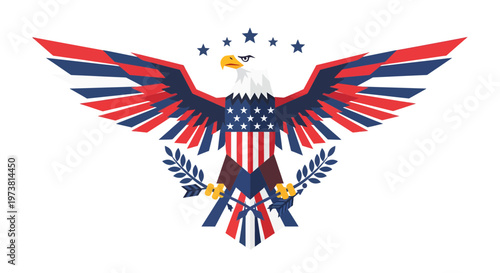 Bald Eagle with American Flag Wings Soaring Over Patriotic Stars in Minimalist Vector Illustration