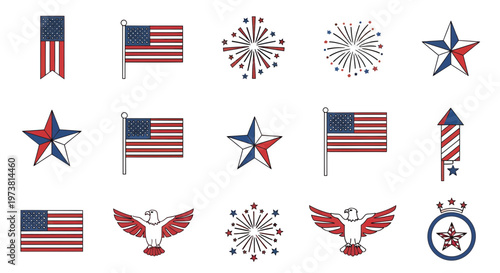 Collection of patriotic USA flags, stars, and fireworks icons in flat design for Independence Day celebrations