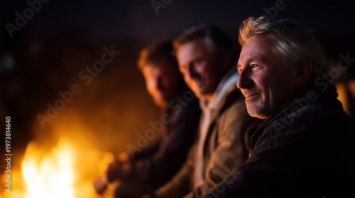 Men gathered around fire at night, warm outdoor community scene, candid evening conversation, rustic social gathering, real life documentary style men around fire, outdoor gatherin
