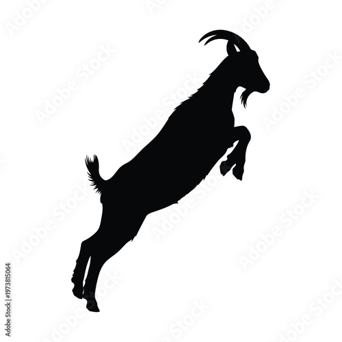 A dynamic illustration of a goat jumping high in the air with its legs bent and horns prominent.