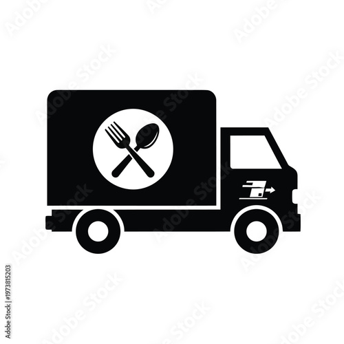 A food delivery truck drives down the street with utensils on its side