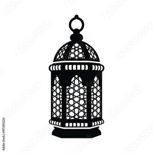 An intricate lantern hangs with ornate metalwork in a dark setting.
