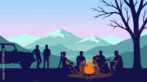 Outdoor adventure with friends around campfire in mountain landscape