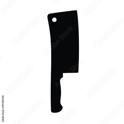 A large black kitchen cleaver with a hole and handle is shown upright