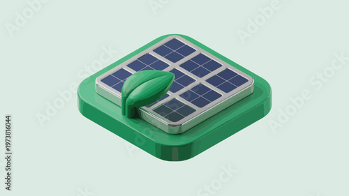 Isometric solar panel icon with green leaf, renewable energy 3D vector illustration, sustainable power source and eco-friendly technology concept