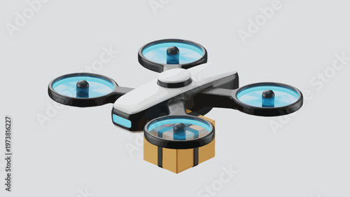 Futuristic delivery drone carrying cardboard box, autonomous quadcopter for logistics and shipping, 3D vector illustration of flying courier robot