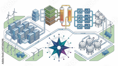 Industrial process diagram with energy production and distribution systems.
