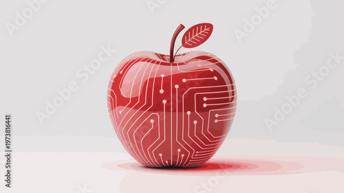 Futuristic digital red apple with circuit board patterns, high-tech organic fruit concept, electronic cybernetic apple vector illustration