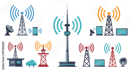 A collection of various telecommunication towers and wireless communication symbols.