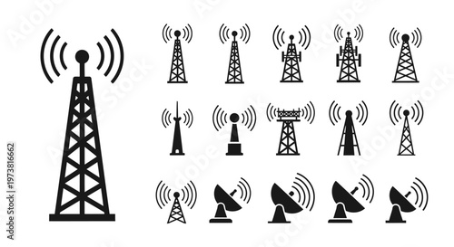 Collection of various cell tower and satellite communication icons.