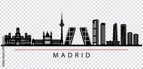 Vector illustration black silhouette of madrid city skyline with modern and historic buildings