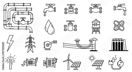Energy and industry related line icons.
