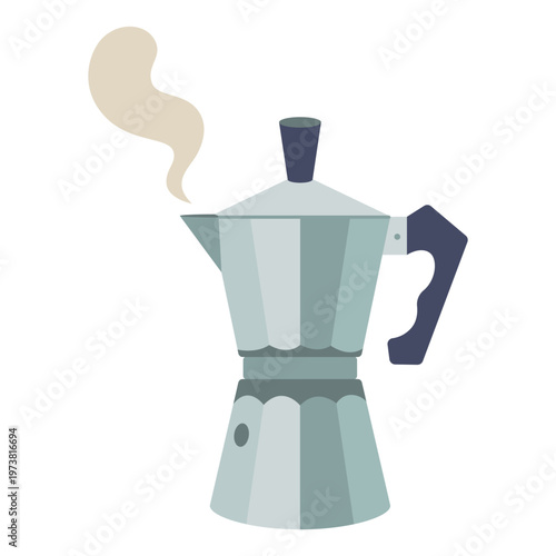 Stovetop metal moka pot coffee maker with steam. Classic home brewing equipment. Trendy modern vector illustration isolated on white background, hand drawn, flat design