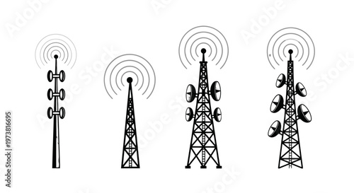 Black and white illustration of various cell towers with antennas.