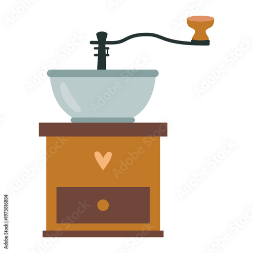 Manual coffee grinder with handle in vintage style. Traditional equipment for grinding coffee beans. Trendy modern vector illustration isolated on white, hand drawn, flat design