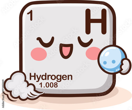 Cute kawaii hydrogen element illustration designed as an adorable periodic table character. Features atomic number 1 with a smiling face, soft colors and playful style