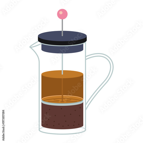 French press coffee or tea maker with brewed drink in glass container. Manual brewing method concept. Trendy modern vector illustration isolated on white, hand drawn, flat design