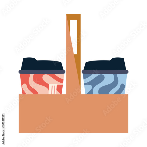 Takeaway coffee cups in tray holder for carrying drinks. Coffee shop packaging and delivery concept. Trendy modern vector illustration isolated on white background, hand drawn, flat design