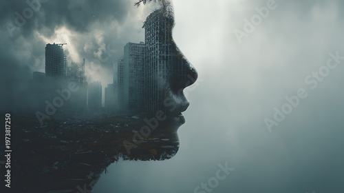Double exposure portrait with destroyed city inside human silhouette, expressing mental health issues, anxiety, urban stress, emotional breakdown, inner chaos, and psychological pressure in modern lif