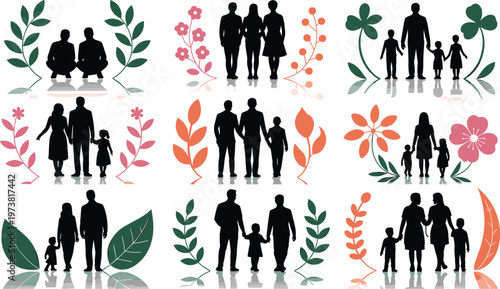 Colorful vector illustration of family silhouettes with floral elements symbolizing unity, diversity, and nature