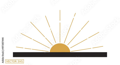 A minimalist vector graphic illustration of a rising sun with rays on a flat design background