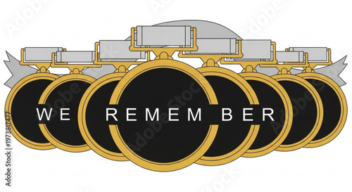 A vector graphic illustration of a memorial badge with the words 'We Remember' in a circular design