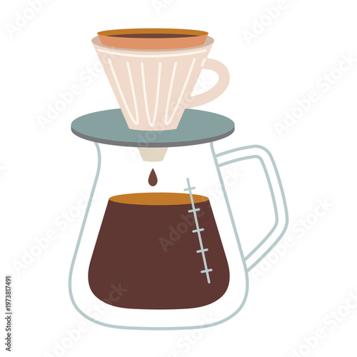 Pour over coffee dripper with glass carafe. Manual brewing process. Trendy modern vector illustration isolated on white background, hand drawn, flat design