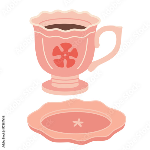 Vintage teacup with saucer and decorative shape. Elegant drinkware for tea or coffee. Trendy modern vector illustration isolated on white background, hand drawn, flat design