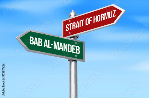 Directional road signs pointing towards Strait of Hormuz and Bab al-Mandeb under clear blue sky backdrop