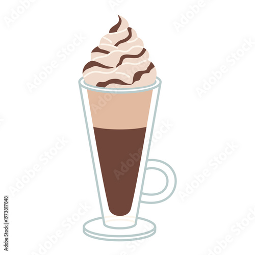 Glass of latte with whipped cream. Sweet dessert style coffee drink. Trendy modern vector illustration isolated on white background, hand drawn, flat design