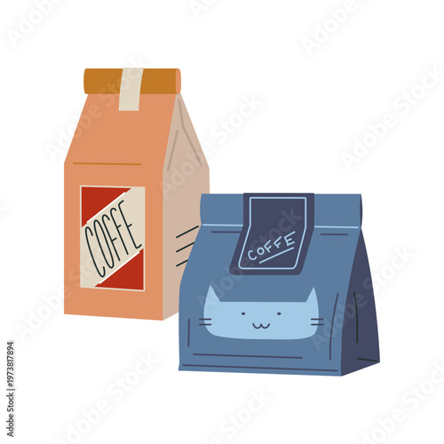 Coffee beans packages in paper bags. Grocery and specialty coffee storage concept. Trendy modern vector illustration isolated on white background, hand drawn, flat design