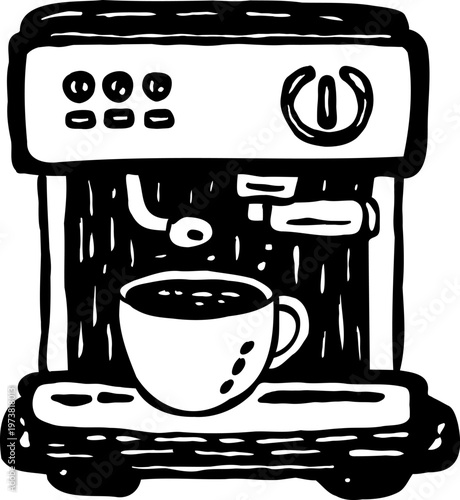 Coffee machine, hand-drawn line art with natural imperfect lines. Minimalist doodle-style illustration of espresso maker, coffee brewing equipment, and barista tools. 