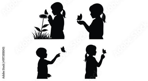 Silhouette collection of children interacting with butterflies in various poses