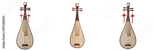 Fotografie Set of Traditional Chinese Pipa Lute Musical Instruments Isolated on White Backg